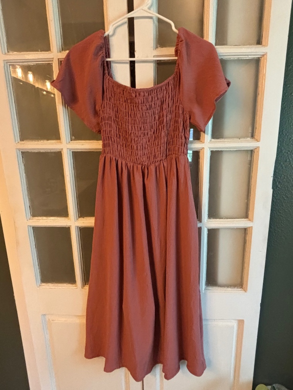 Smocked Square-Neck Midi Dress in Dusty Rose